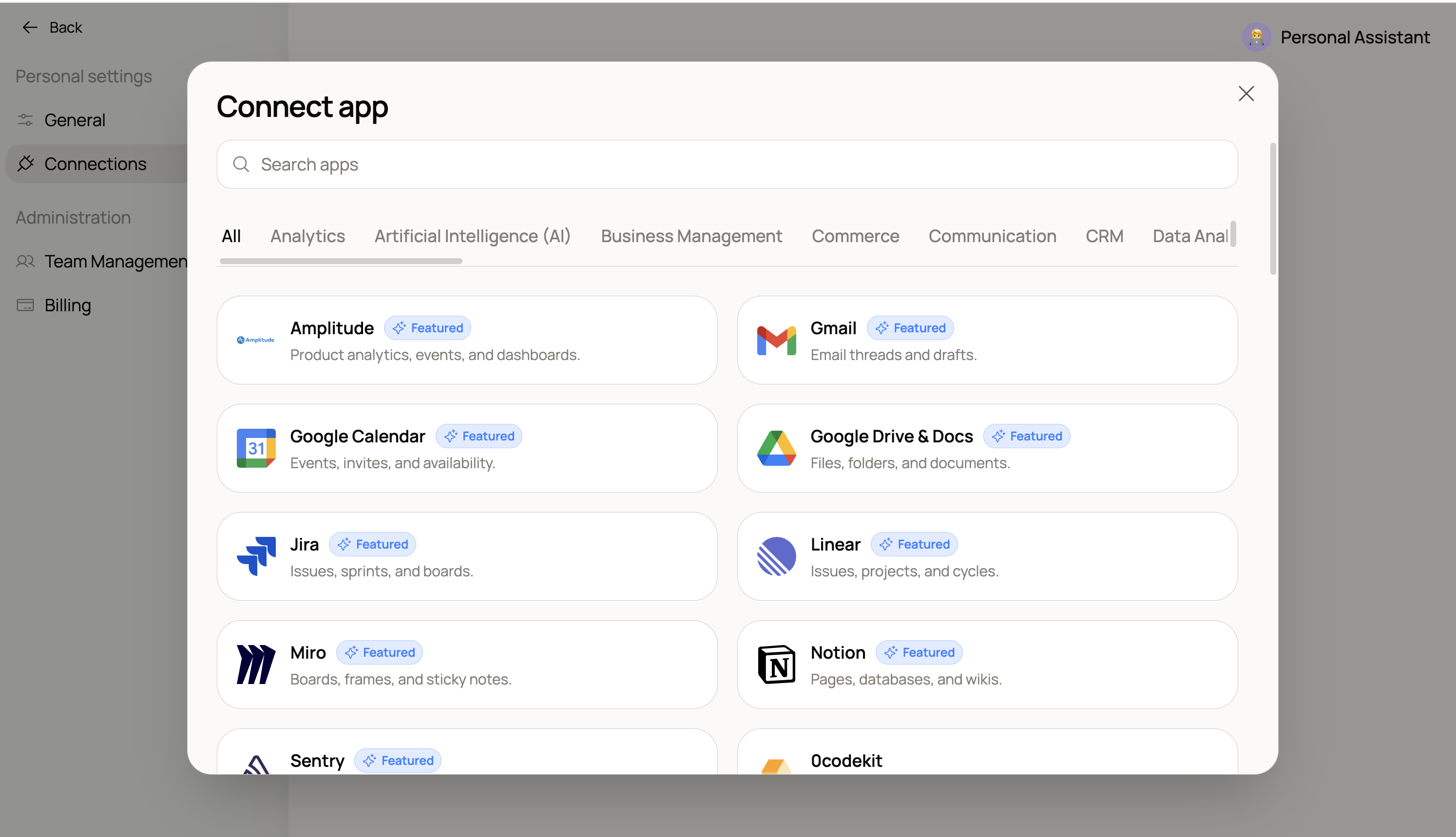 The Connect app modal showing featured integrations like Gmail, Google Drive, Jira, Linear, Notion, and more.