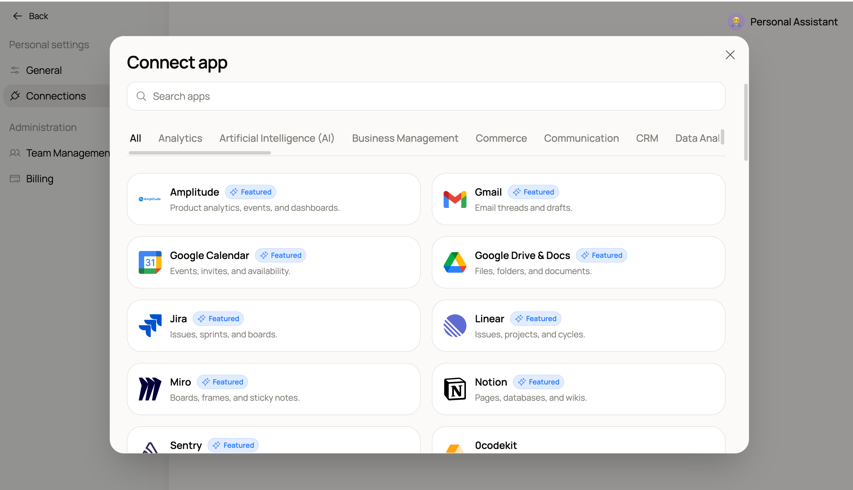 The Connect app modal showing featured integrations like Gmail, Google Drive, Jira, Linear, Notion, and more.