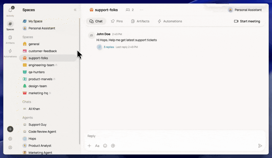 Creating a new Space by clicking the + button and naming it.