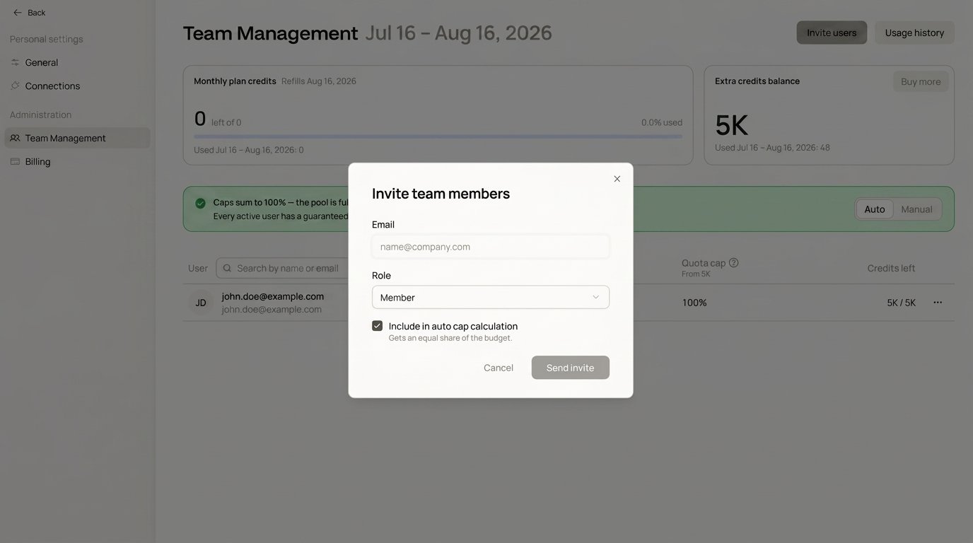 The Invite team members modal in Team Management, with email, role, and cap options.