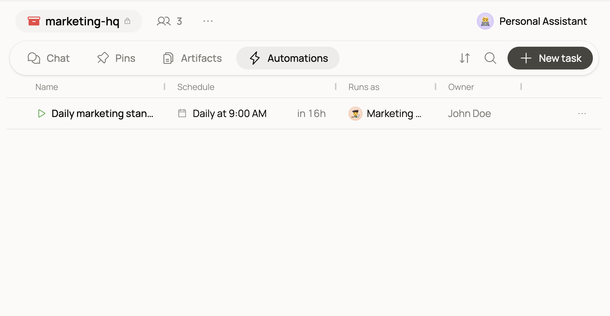 The Automation tab in a Space, listing an automation with its name, schedule, agent, and owner.