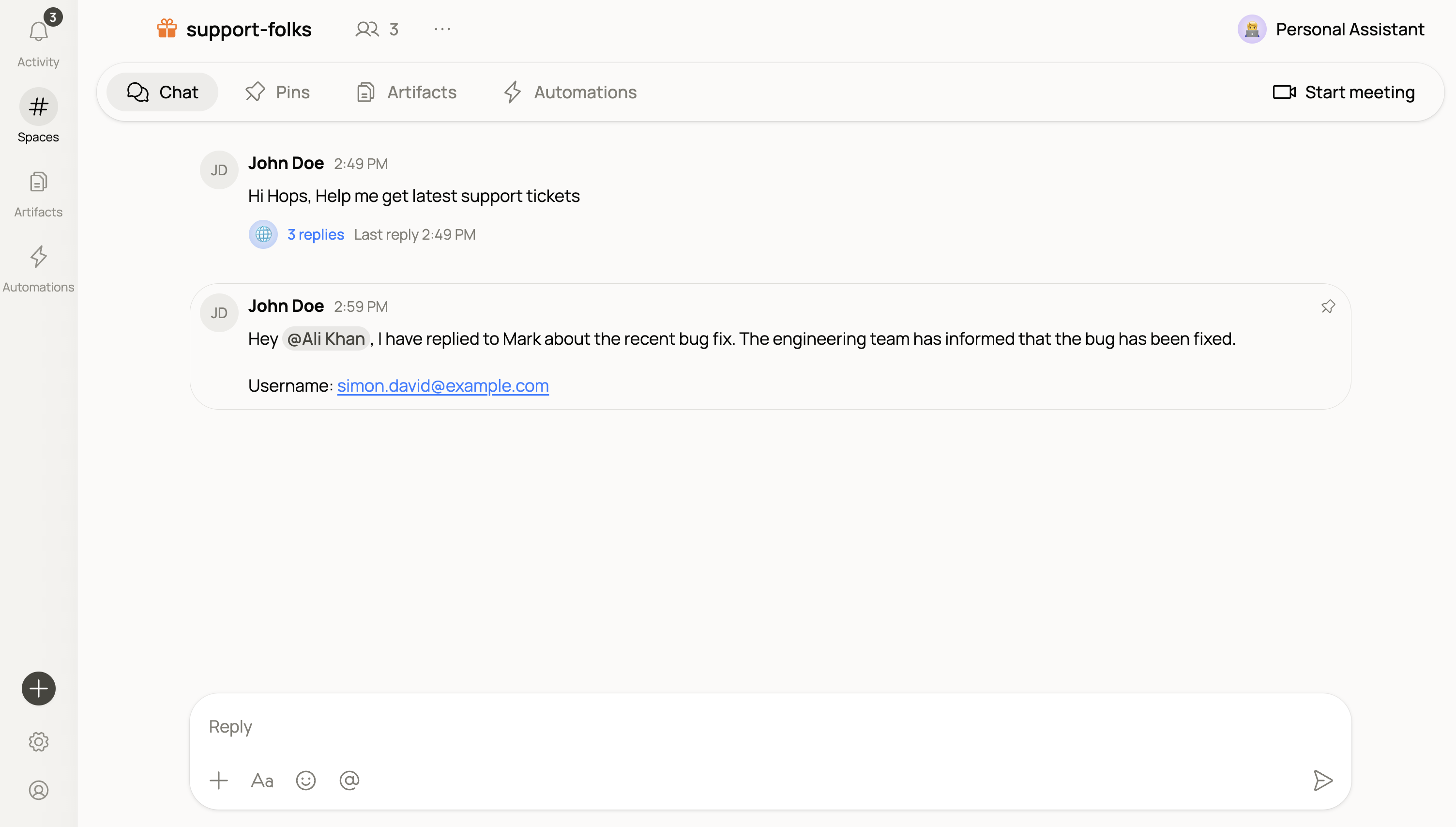 A pinned message in a Space chat, shown with the pin icon.