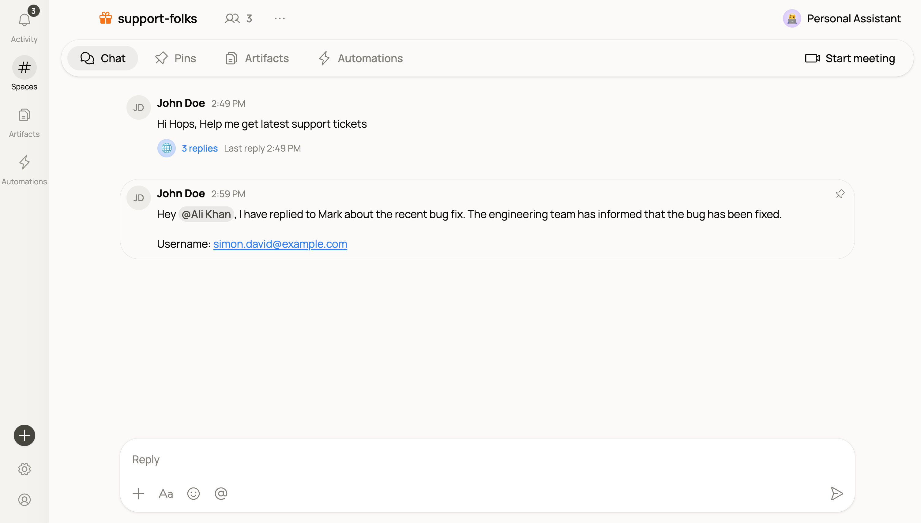 A pinned message in a Space chat, shown with the pin icon.