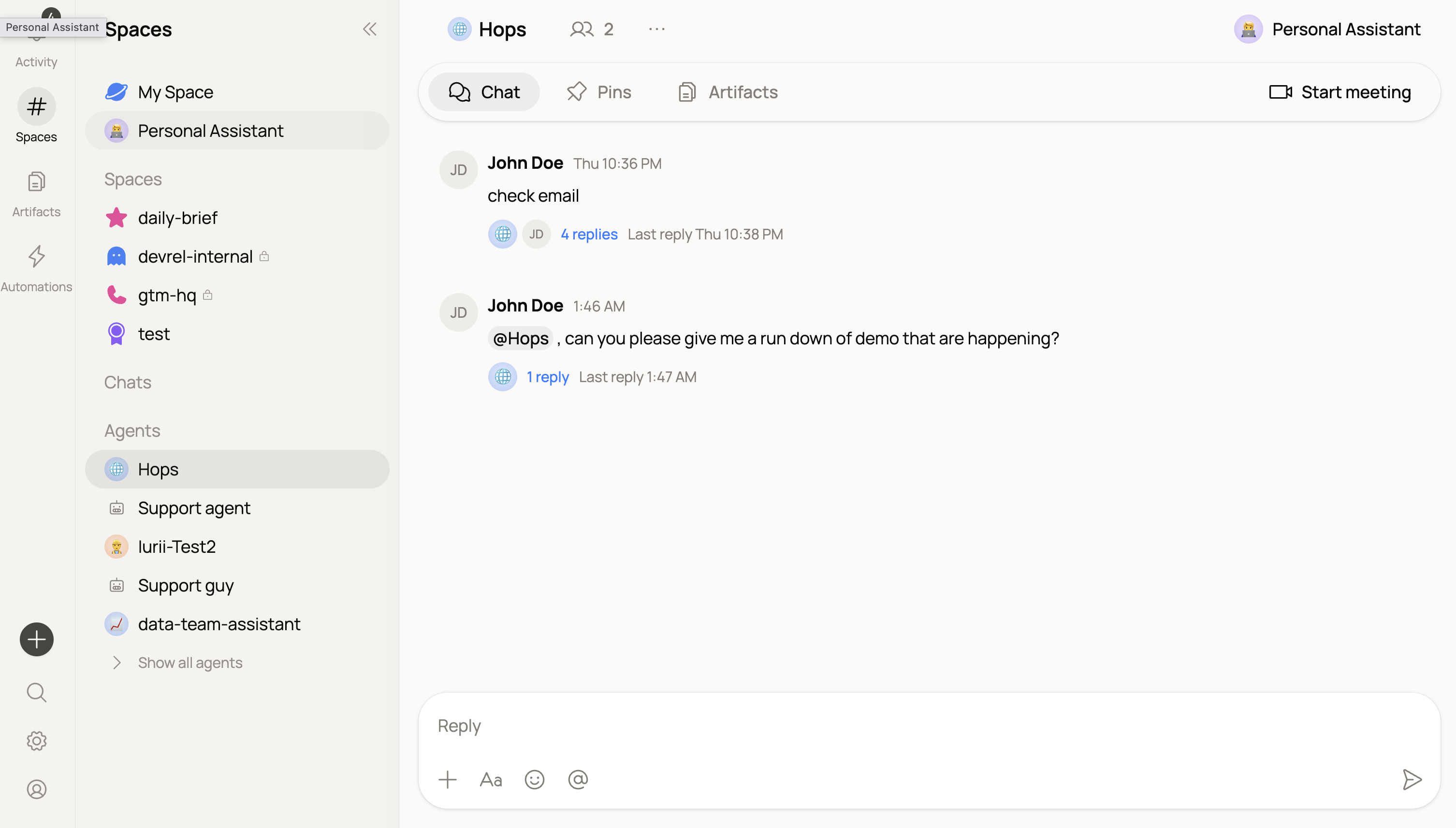 The Hops default agent open in a chat.