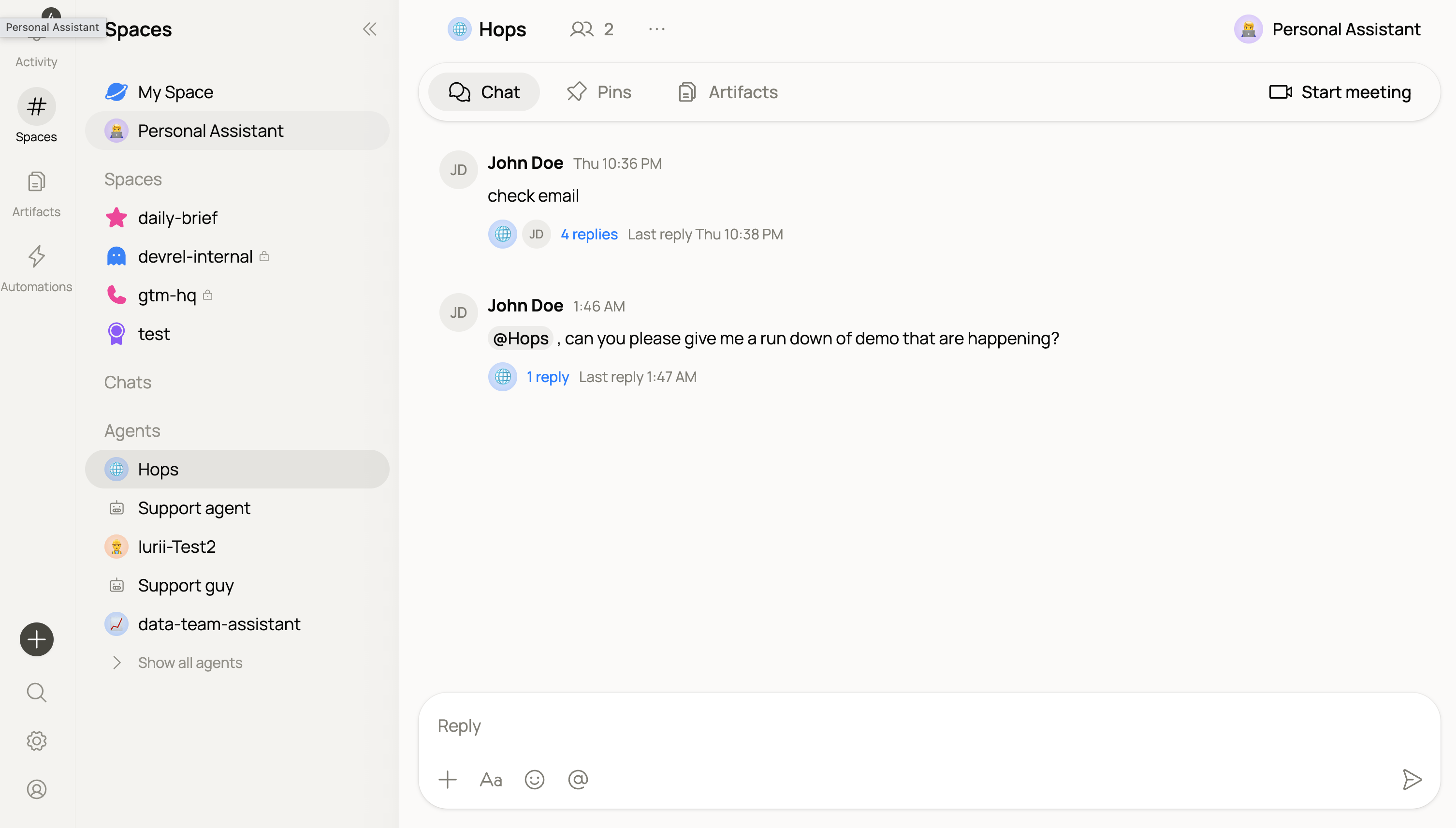 The Hops default agent open in a chat.