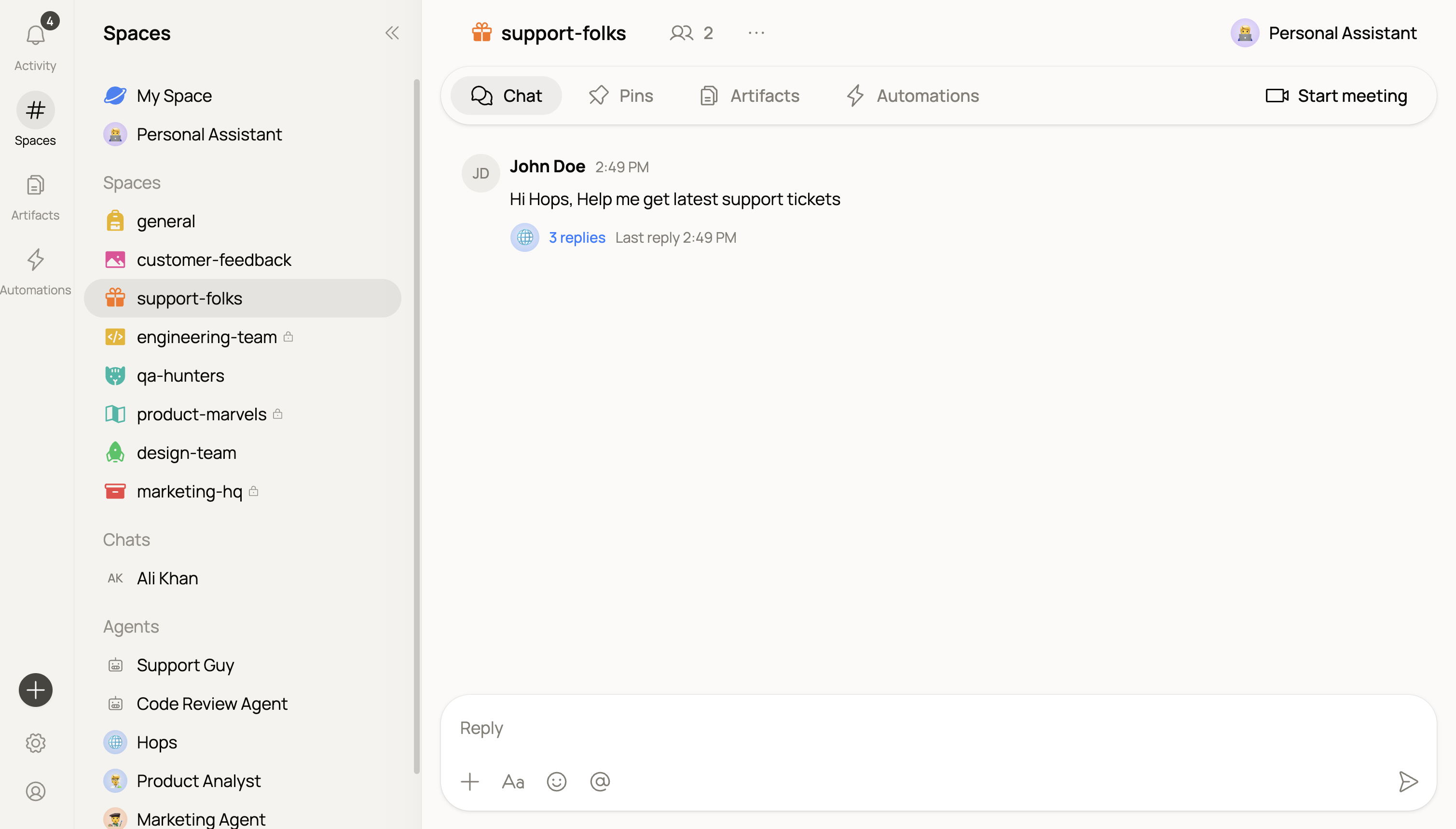 A Hops Space showing the sidebar with multiple Spaces and agents, and a chat thread inside the selected Space.