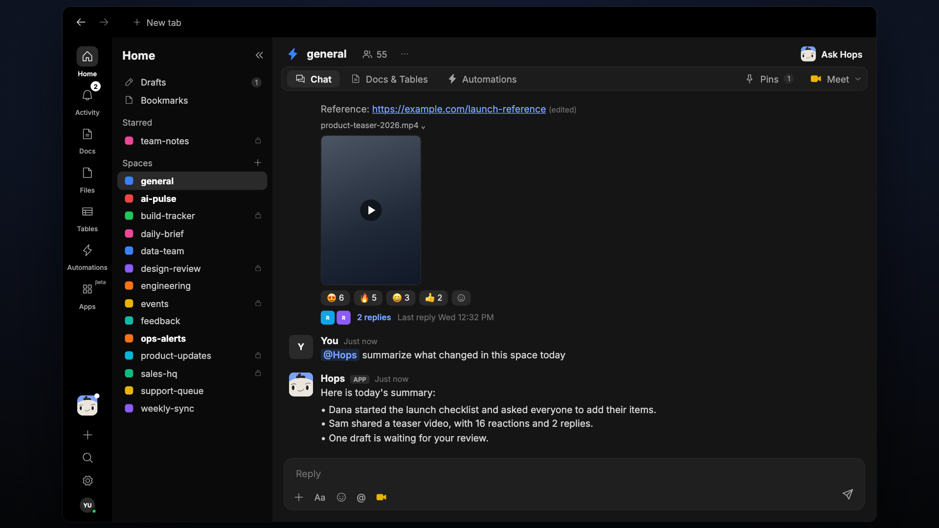 Hops replying in a Space after being tagged with @Hops.