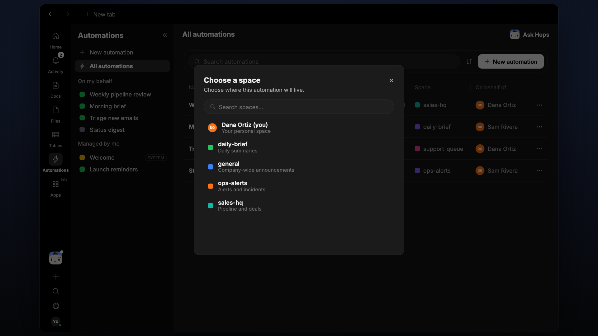 Creating a new automation in a Space: naming it, setting a schedule and timezone, and writing instructions.