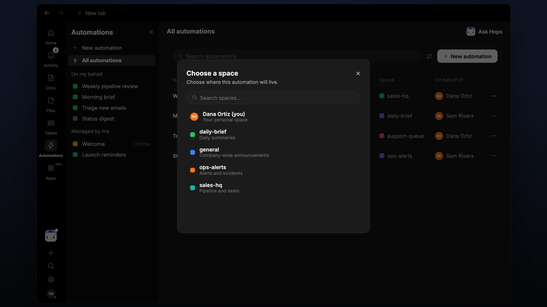 Creating a new automation in a Space: naming it, setting a schedule and timezone, and writing instructions.
