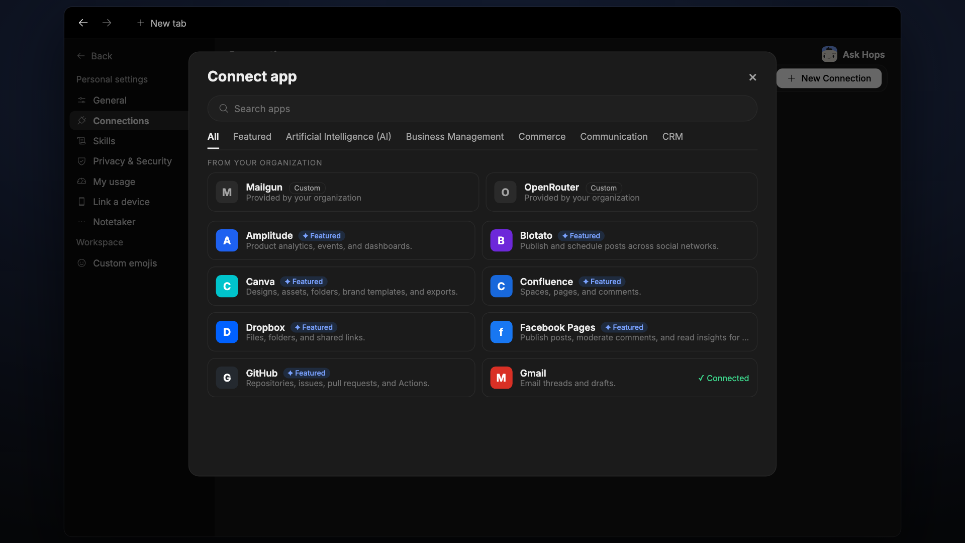 The Connect app modal with Search apps, category tabs, and app cards marked Featured or Connected.