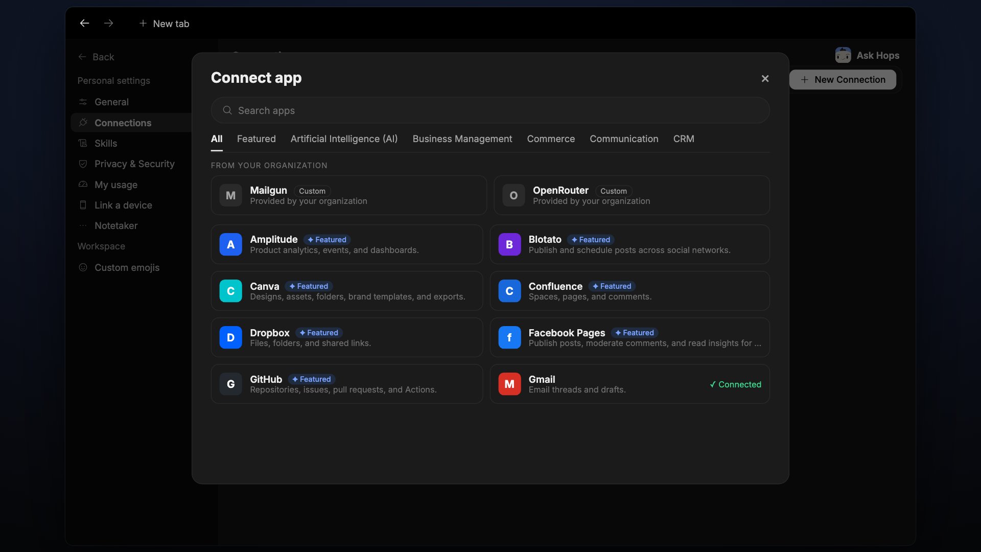 The Connect app modal with Search apps, category tabs, and app cards marked Featured or Connected.