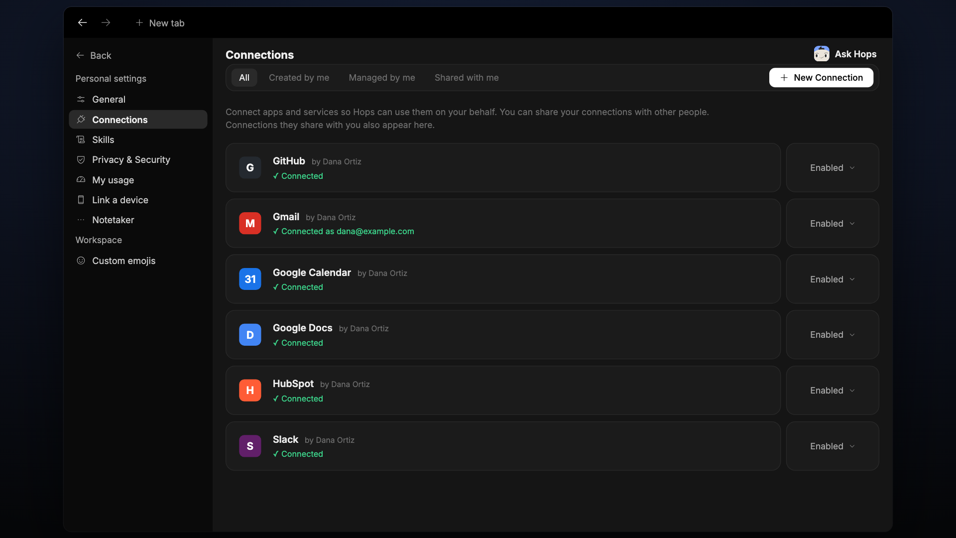 The Connections page in Settings listing connected apps.