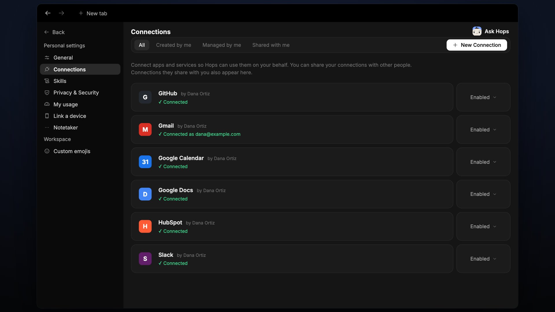 The Connections page in Settings listing connected apps.