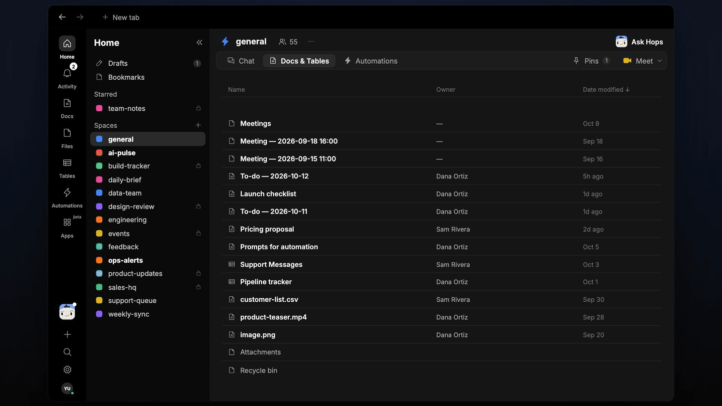 Hops working in a Space: context, a skill, Linear, a doc, and a weekly automation.
