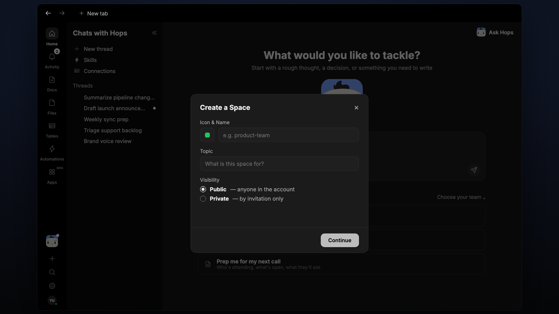 The Create a Space modal with Icon & Name, Topic, and Public or Private visibility.