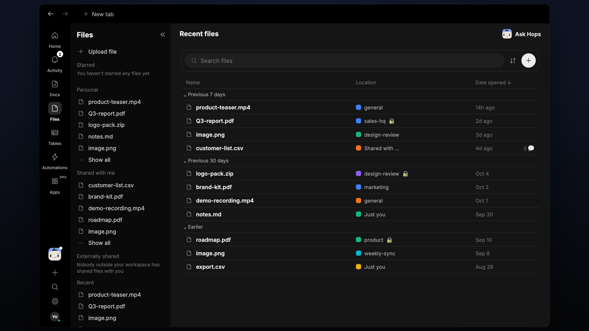 Browsing the Files tab and previewing an attachment.