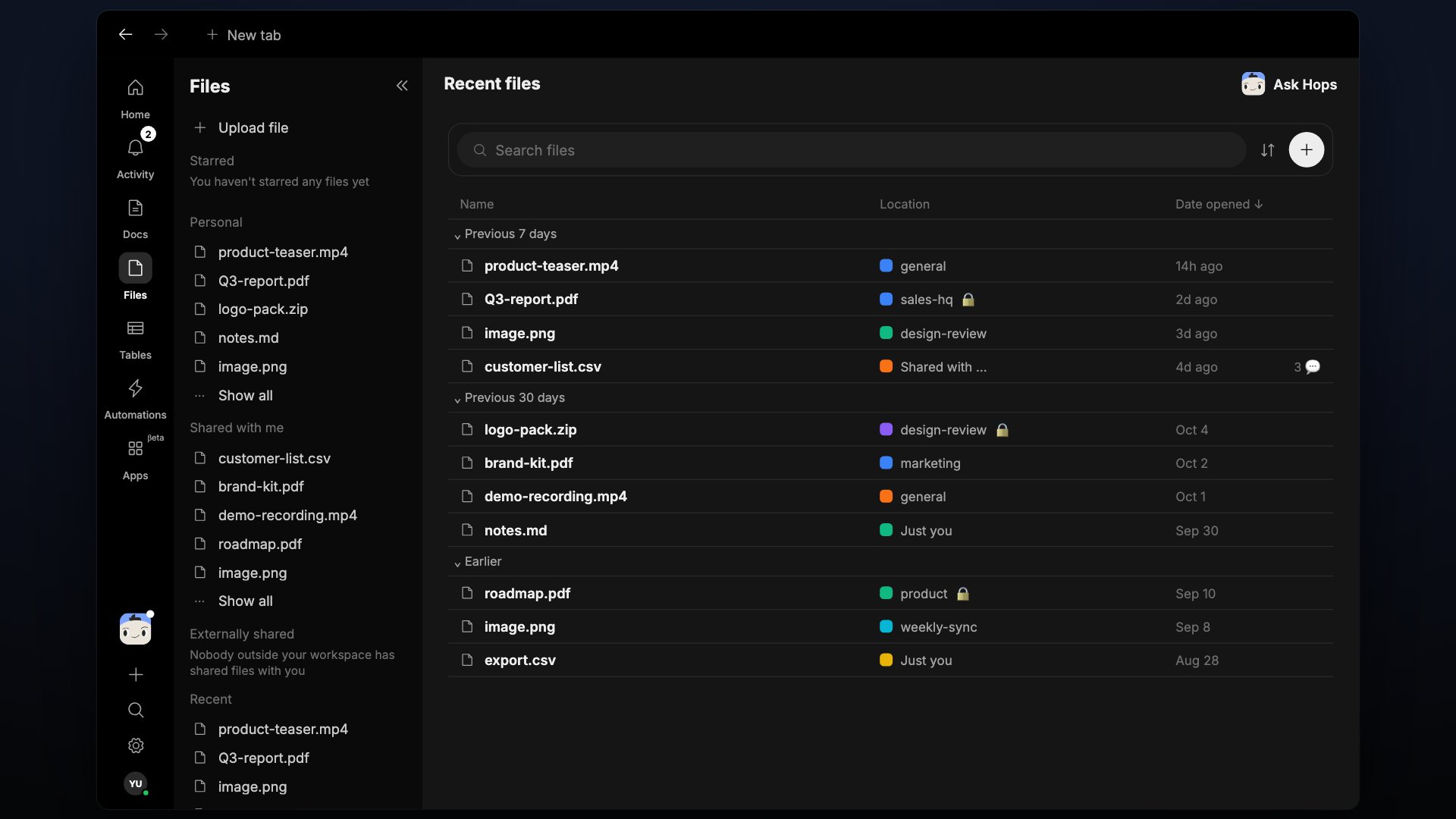 Browsing the Files tab and previewing an attachment.