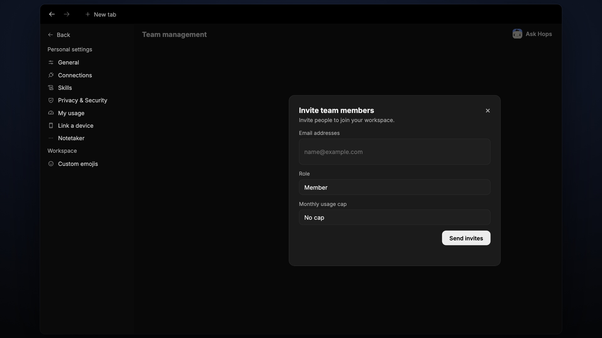 The Invite team members modal in Team Management, with email, role, and cap options.