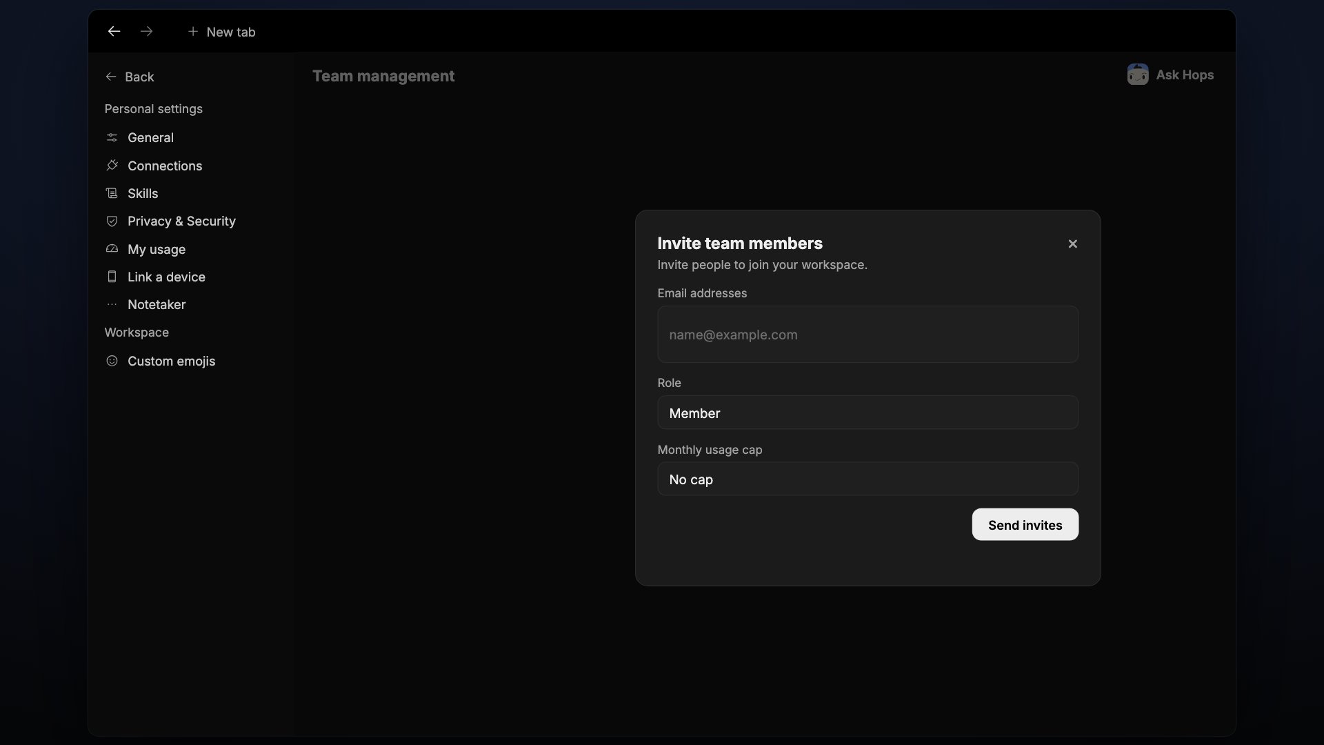 The Invite team members modal in Team Management, with email, role, and cap options.