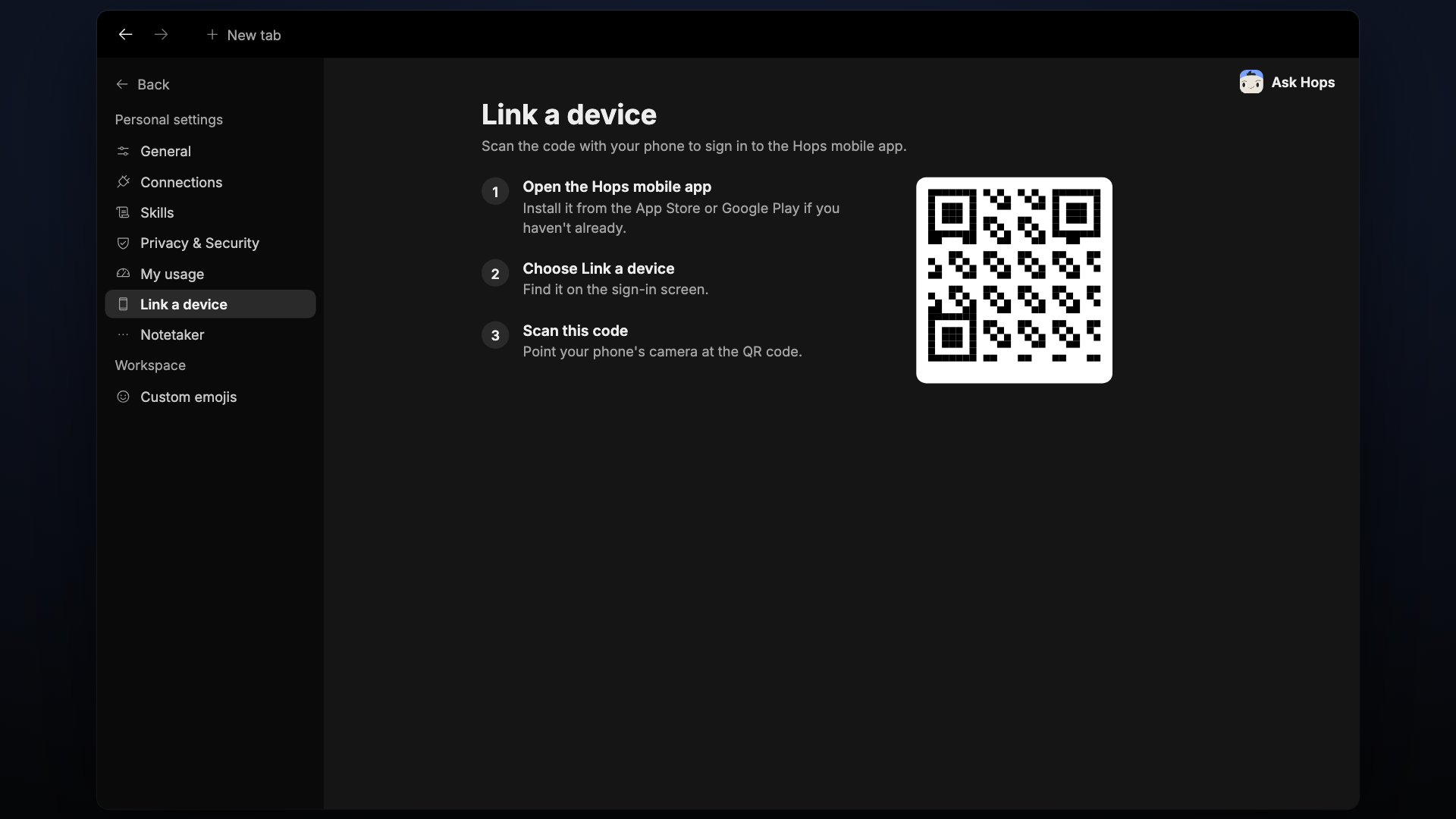 The Link a device page with a QR code, a pairing code and the steps to link a device.