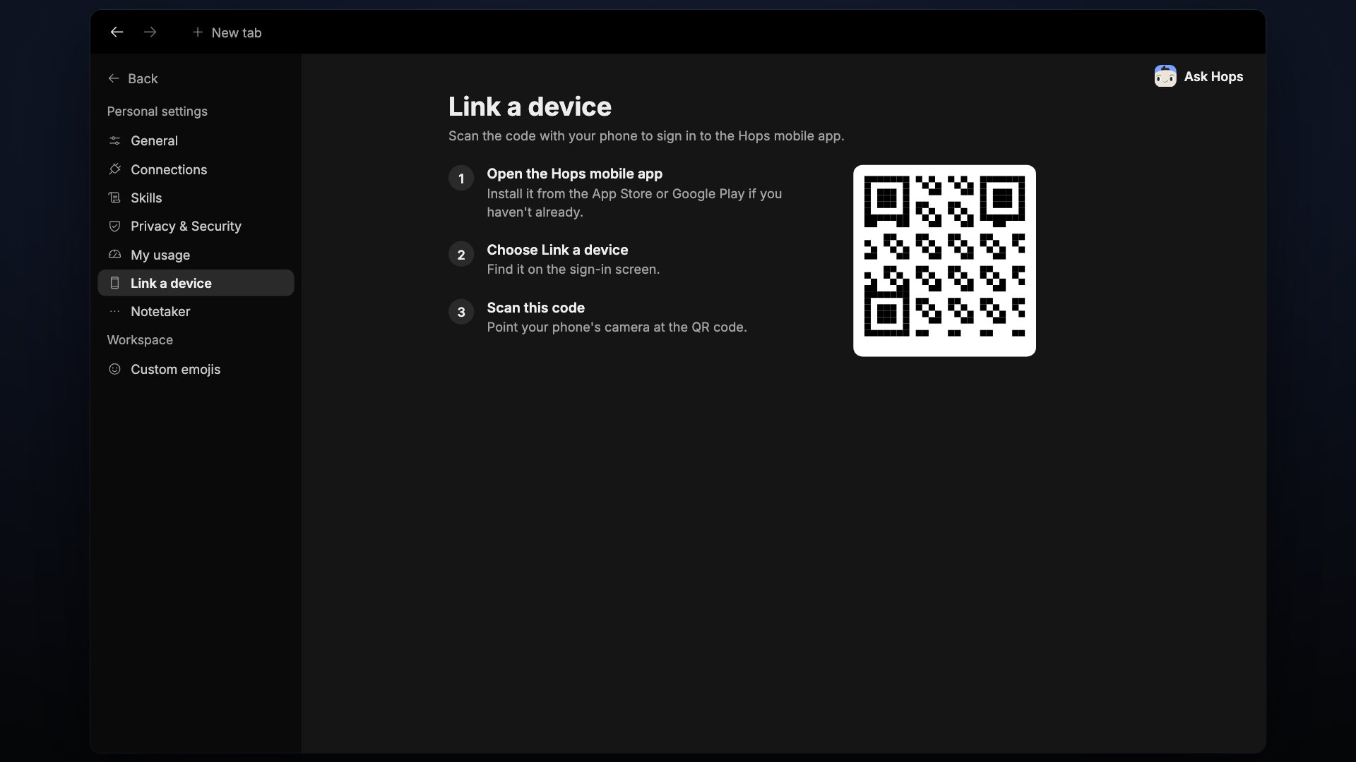 The Link a device page with a QR code, a pairing code and the steps to link a device.