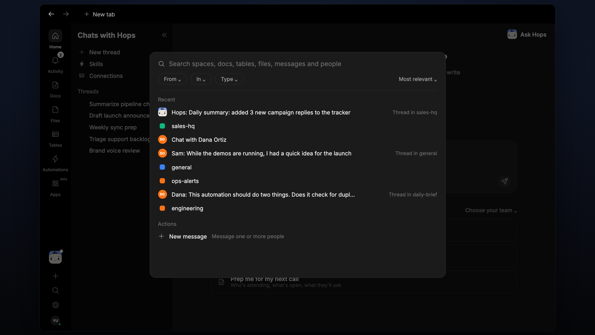 The Hops search modal with From, In, Type, and Shared with filters and recent results.