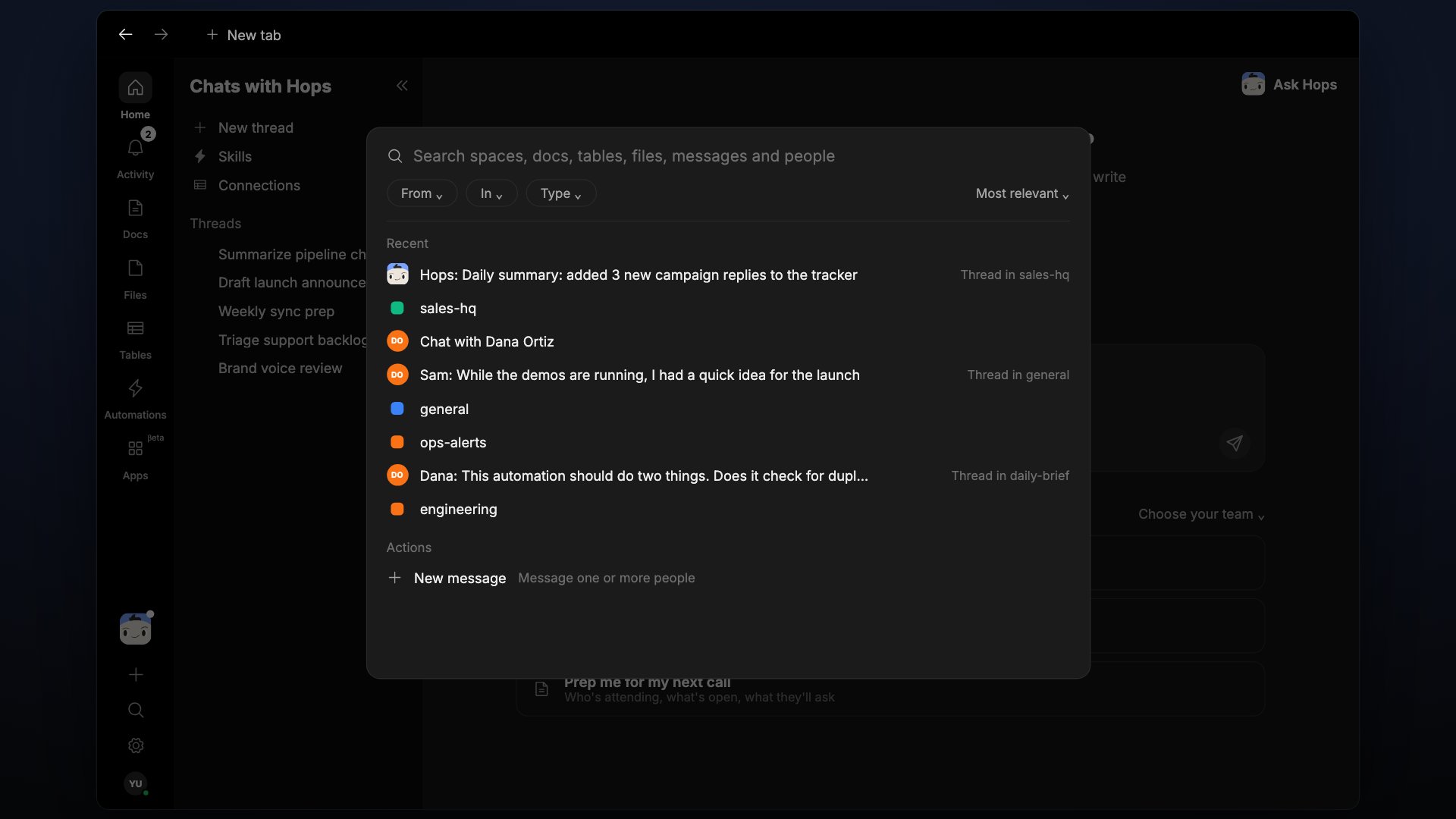 The Search dialog with From, In and Type filters, a Recent list and an Actions section.