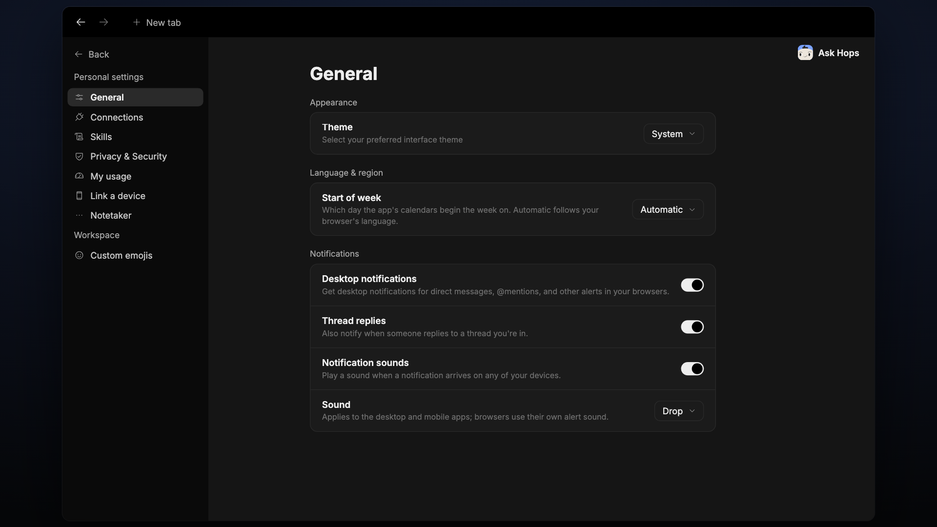 General settings showing Appearance, Language & region and Notifications.