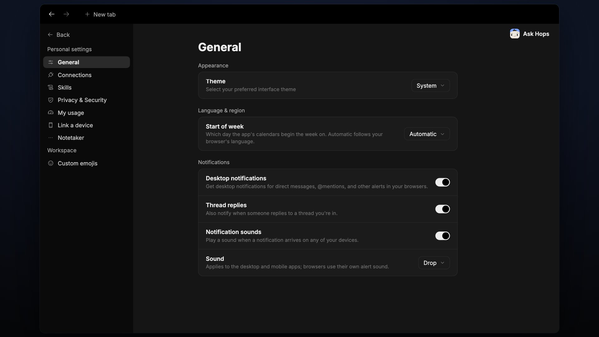 General settings showing Appearance, Language & region and Notifications.