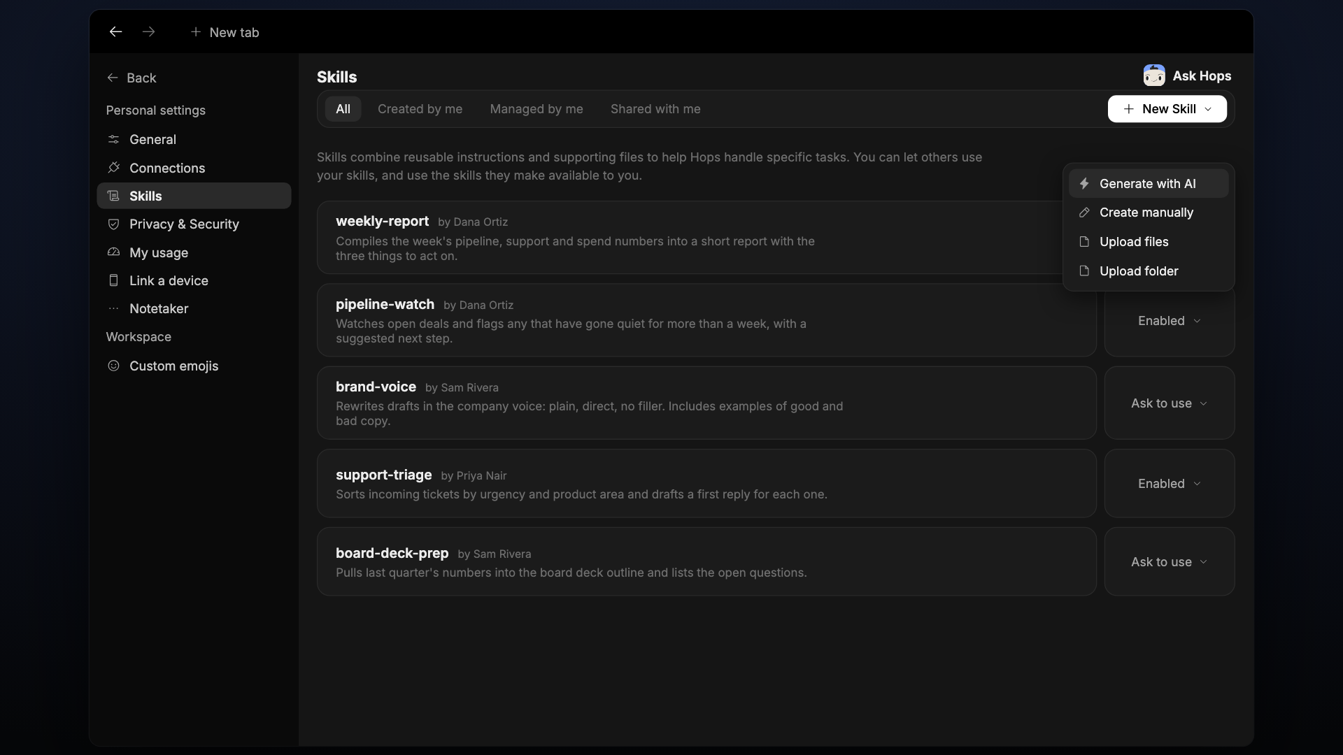 The Skills page listing installed and available skills.