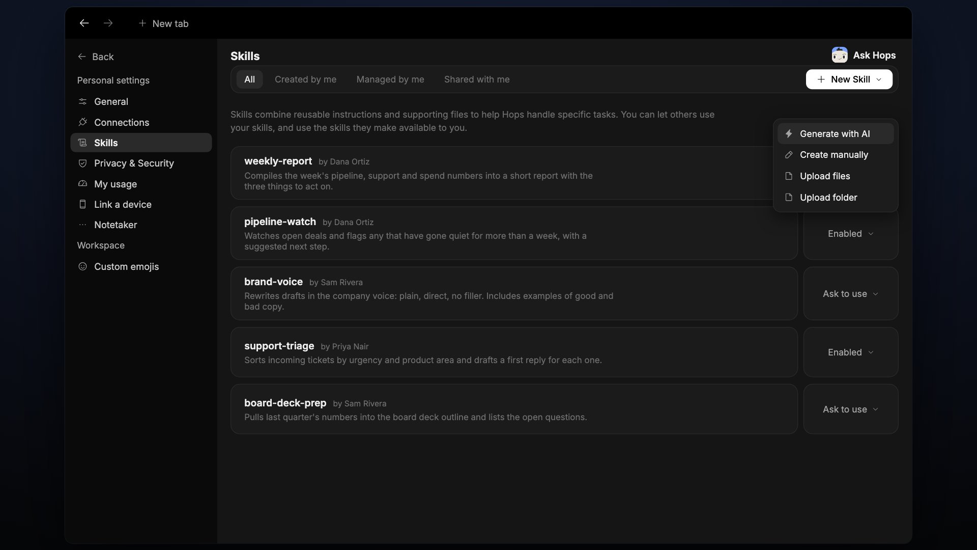 The Skills page listing installed and available skills.