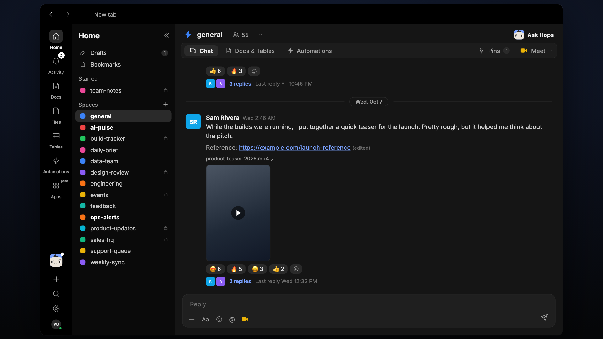 A Hops Space with the Chat, Docs & Tables, and Automations tabs.