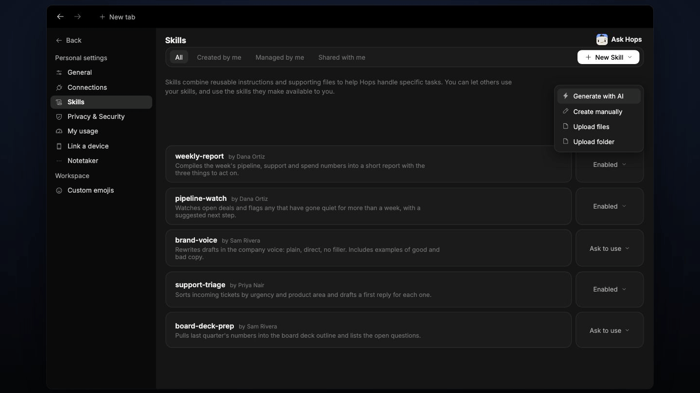 job-description skill enabled, Hops uses it in chat to draft the job description