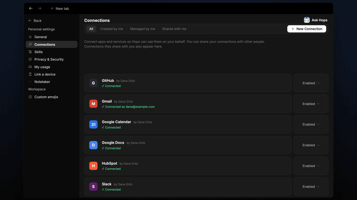 Jira connection, Hops read 6 months of Jira issues for Alex Kim and drafted a review summary