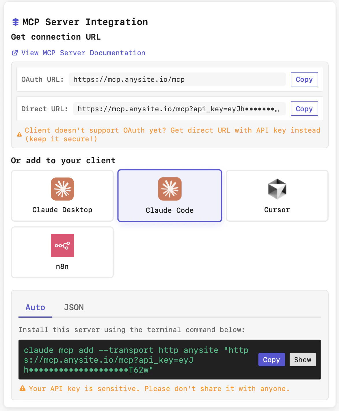 Anysite MCP Server Integration - Get Connection URL