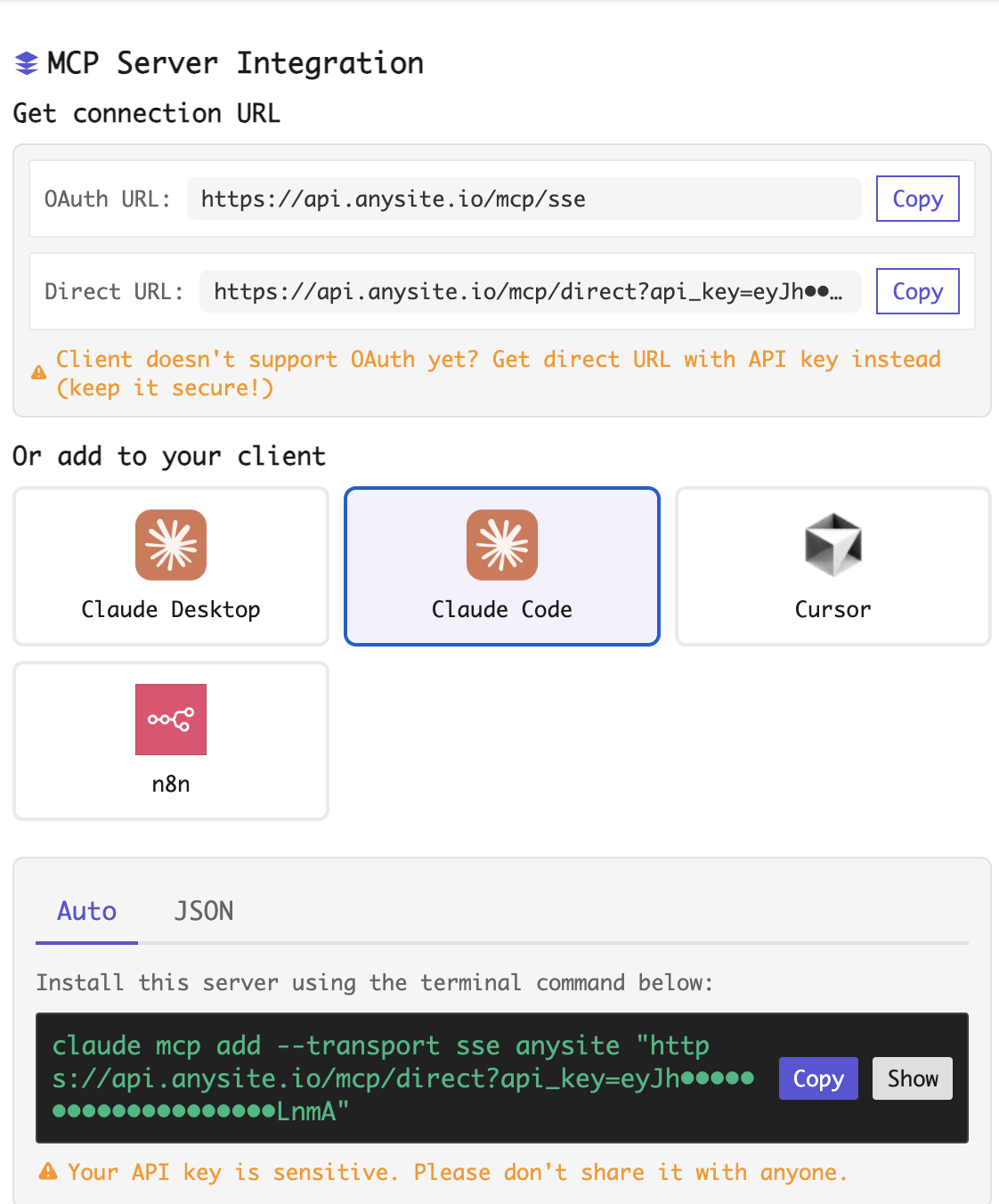 AnySite MCP Server Integration - Get Connection URL