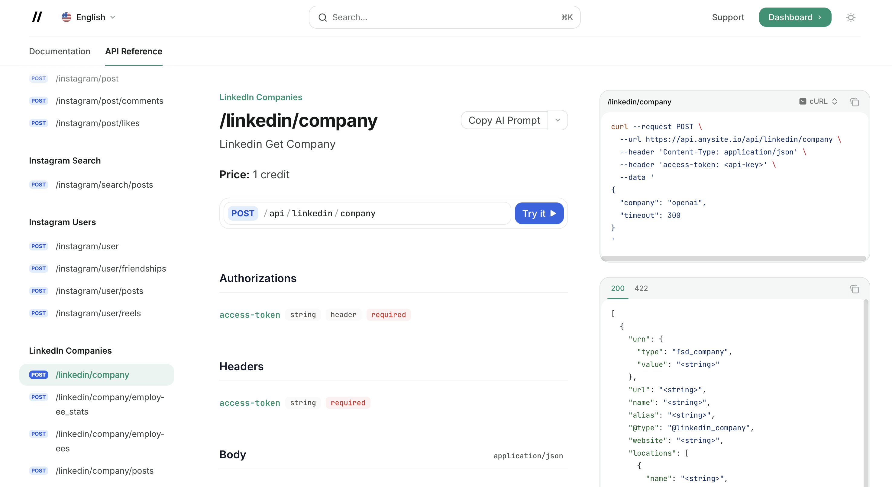 Anysite API Reference — Copy AI Prompt button on endpoint page