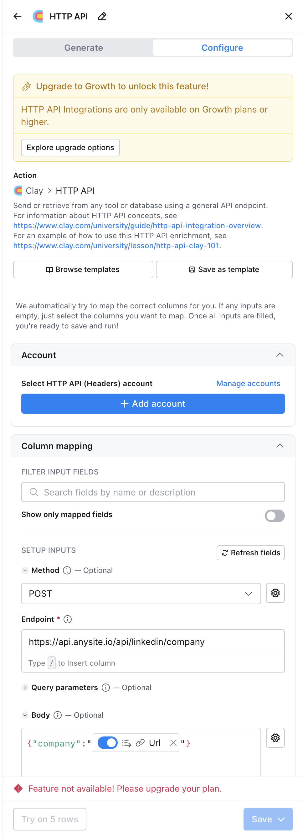 Clay HTTP API manual configuration