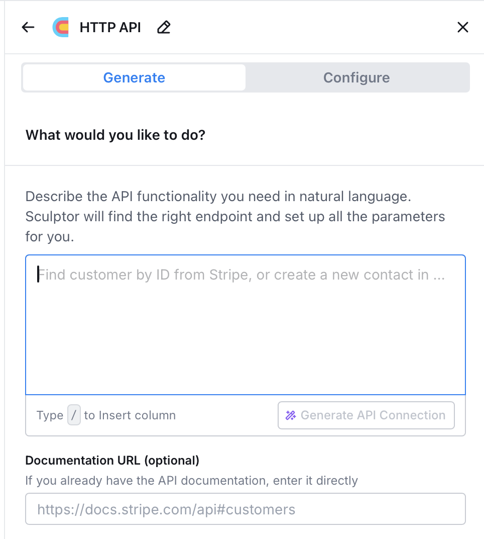 Clay HTTP API Generate tab — paste the AI prompt