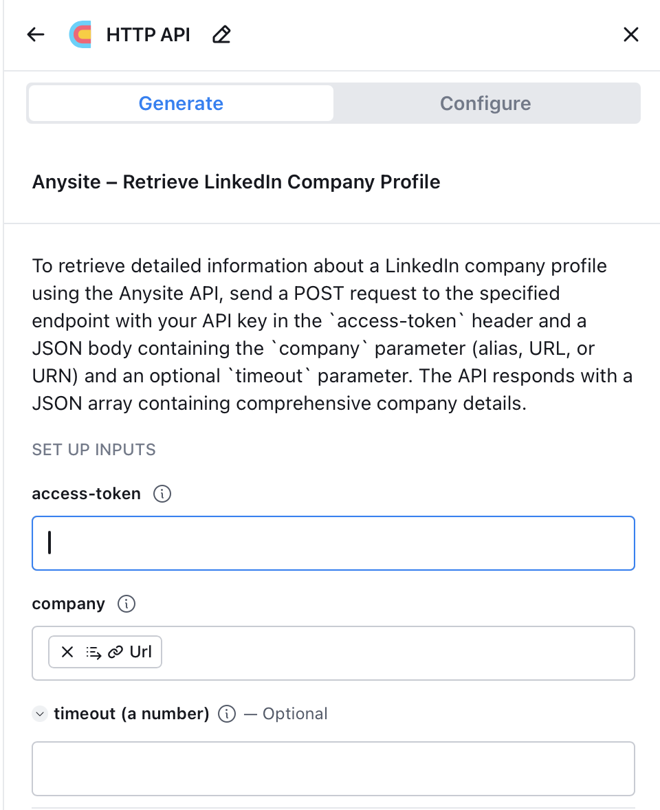 Generated API connection — Anysite Retrieve LinkedIn Company Profile