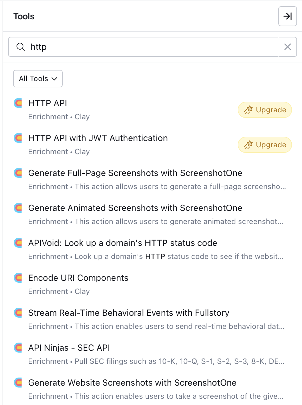 Search for HTTP API in Clay enrichment tools