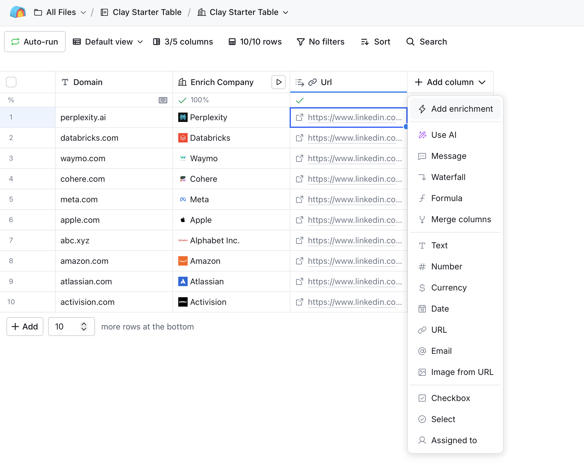 Clay table with Domain and LinkedIn URL columns