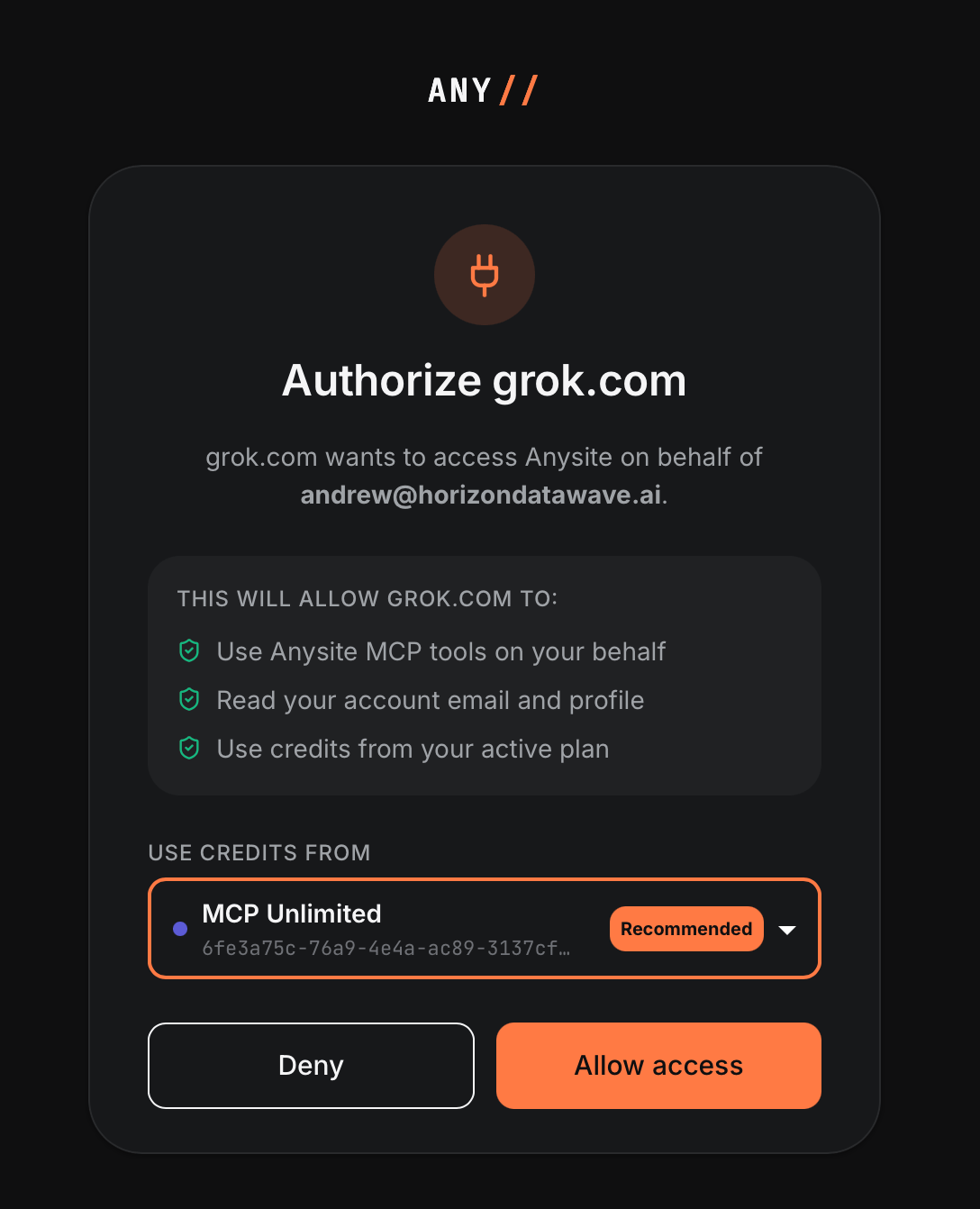 grok.com 的 Anysite OAuth 授权页面