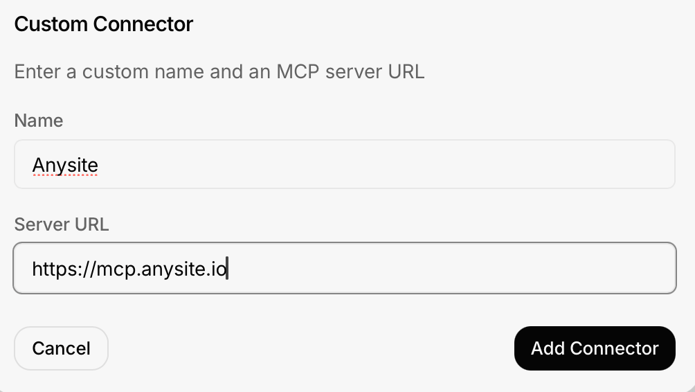 填写了 Anysite 名称和 MCP 服务器 URL 的 Custom Connector 表单