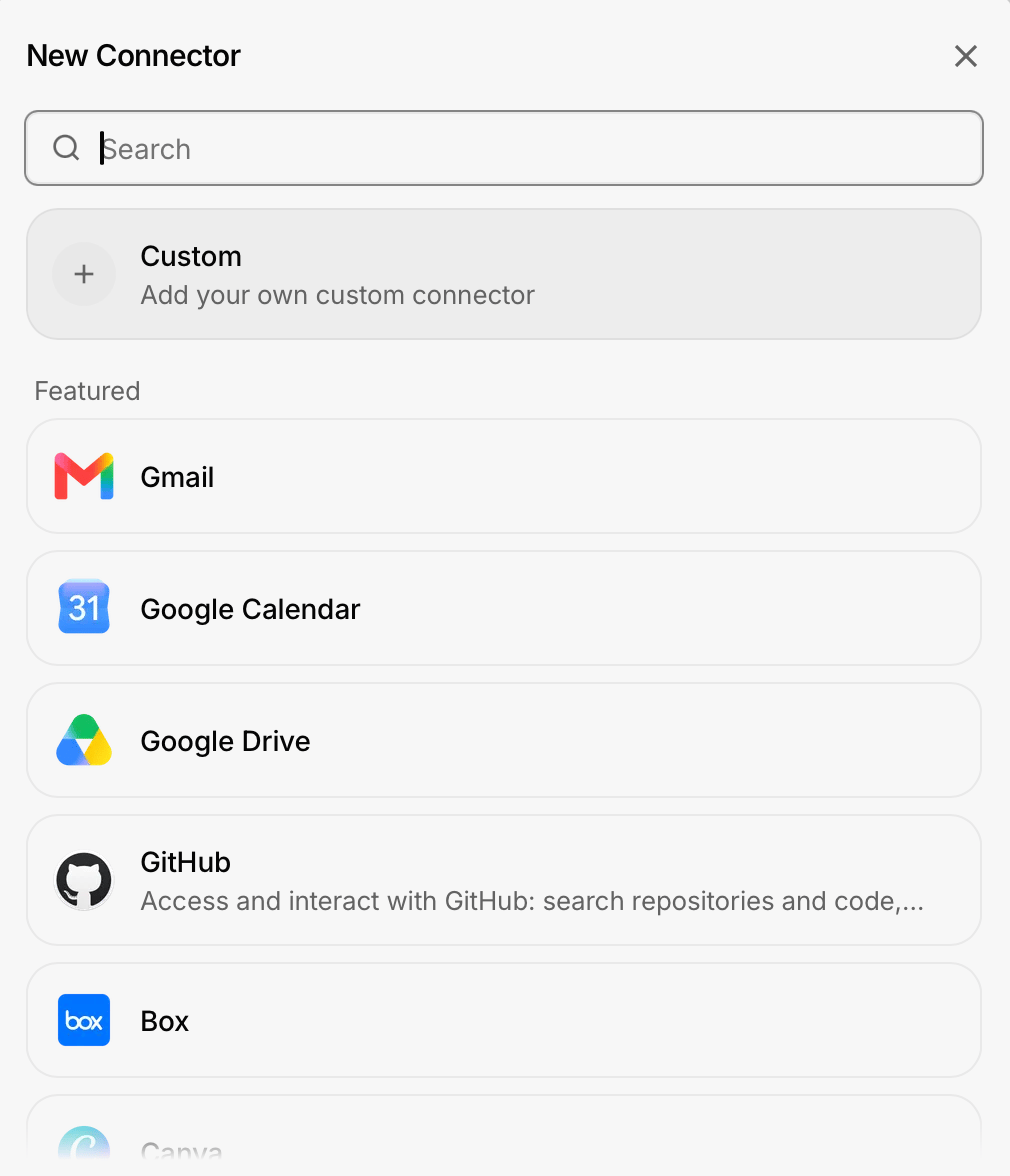 Grok New Connector 对话框中的 Custom 选项