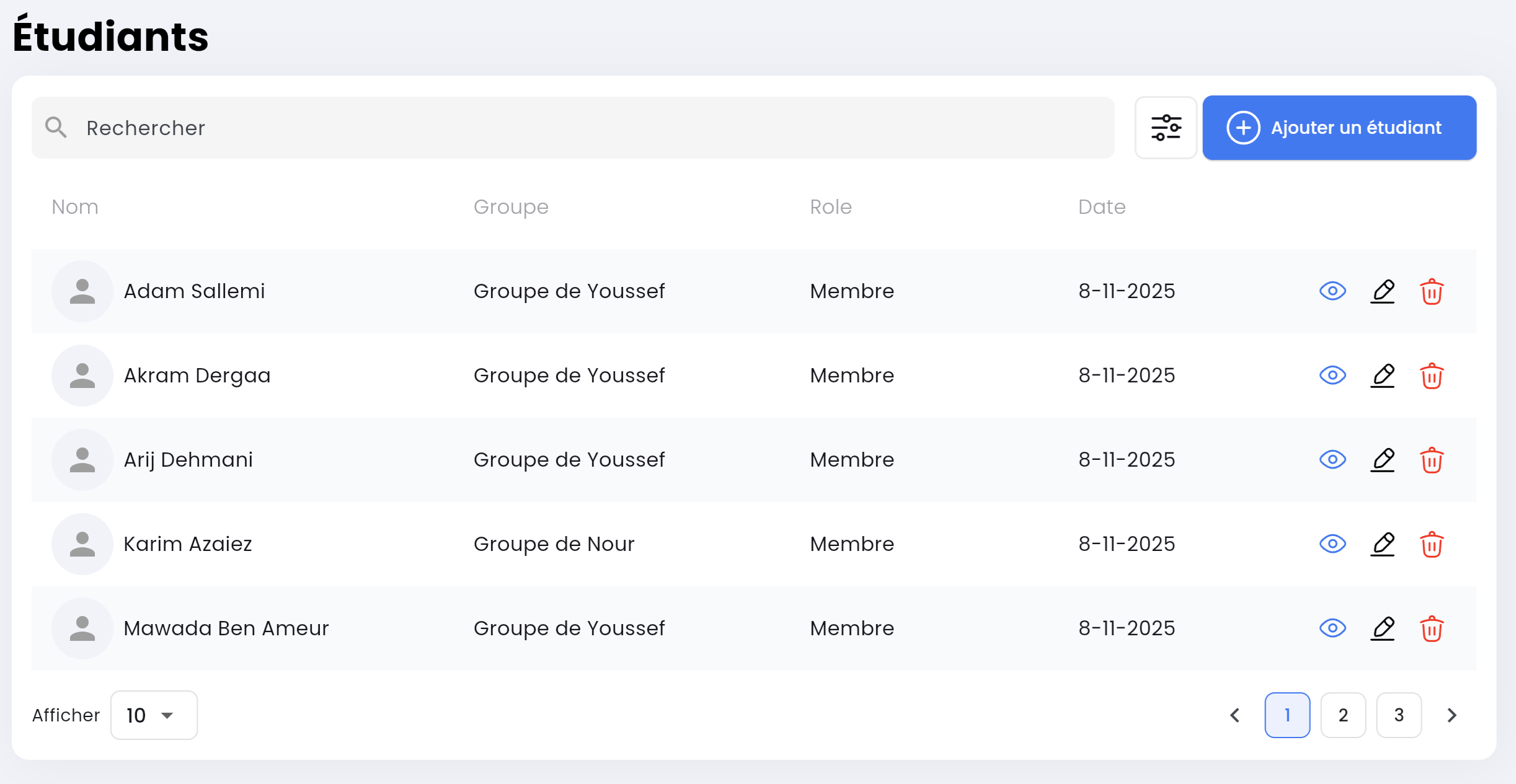 Capture d'écran de la page de gestion des étudiants montrant le tableau, les boutons d'action et la barre de recherche.