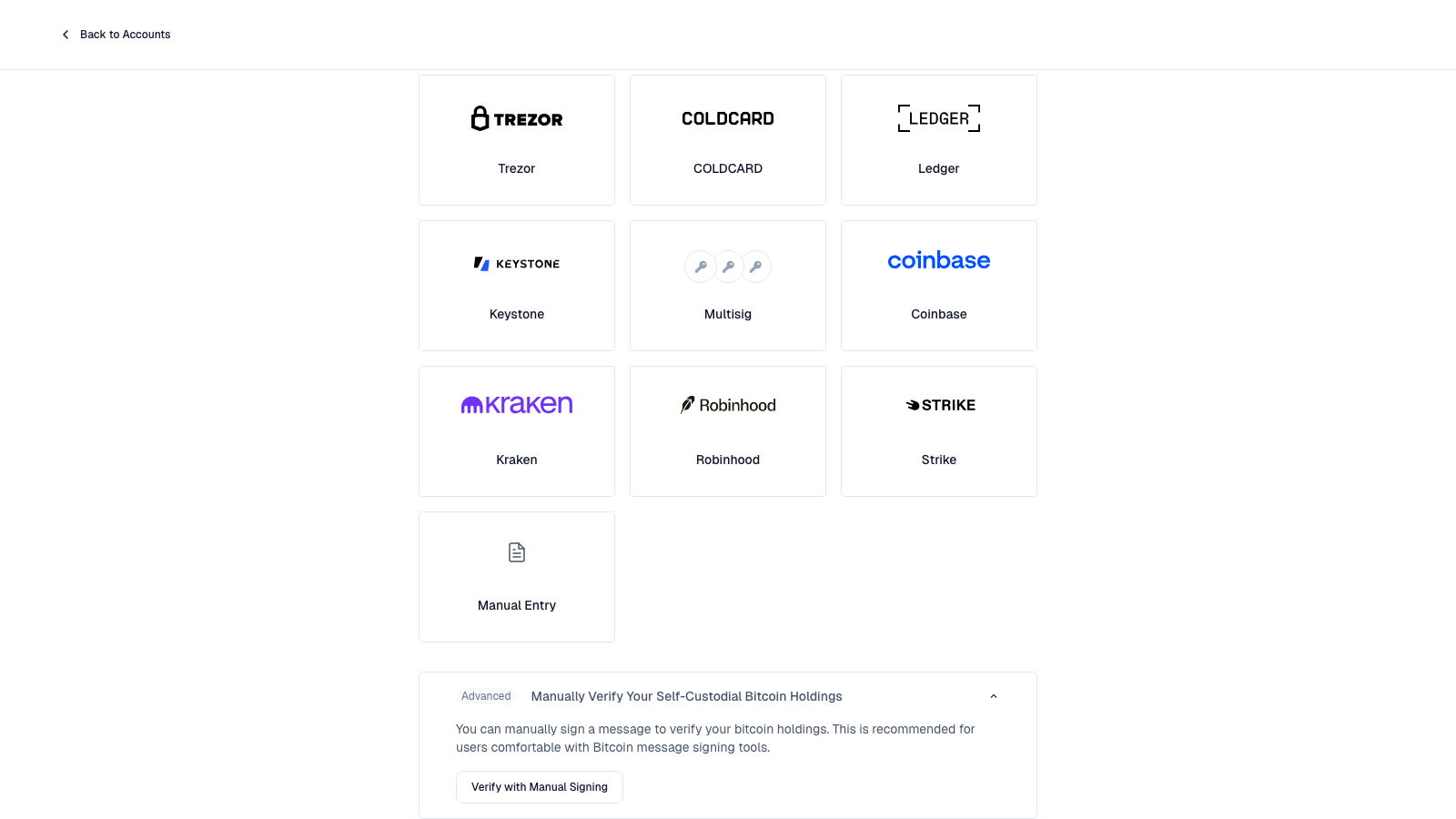 Add Account screen with the Advanced manual signing section open