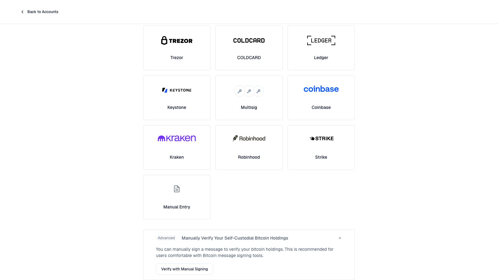 Add Account screen with the Advanced manual signing section open