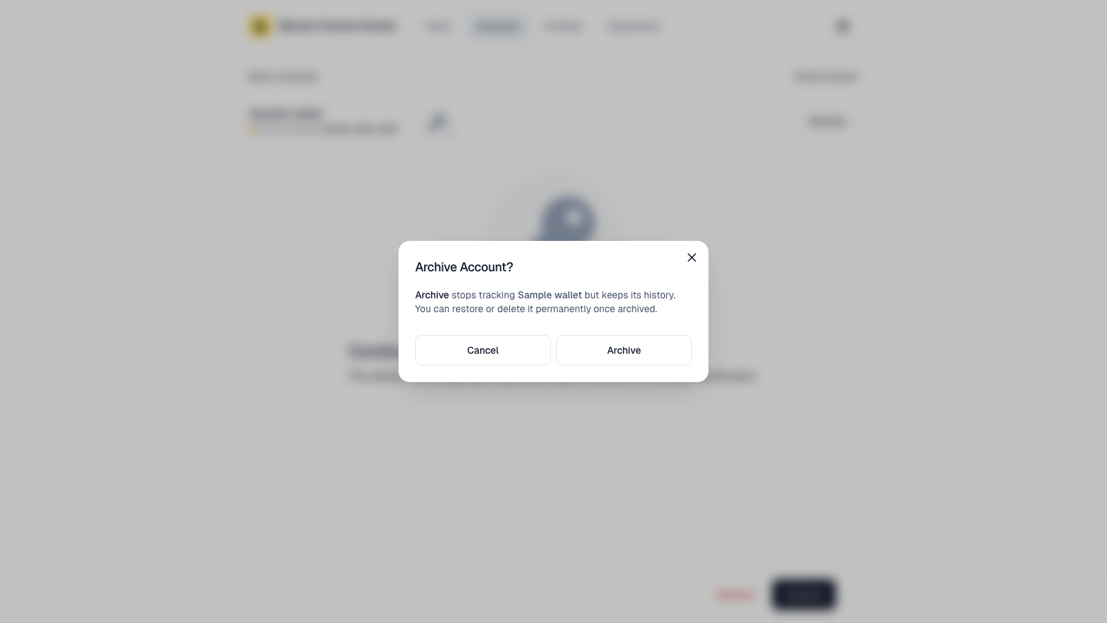 Archive Account? dialog with Cancel and Archive buttons