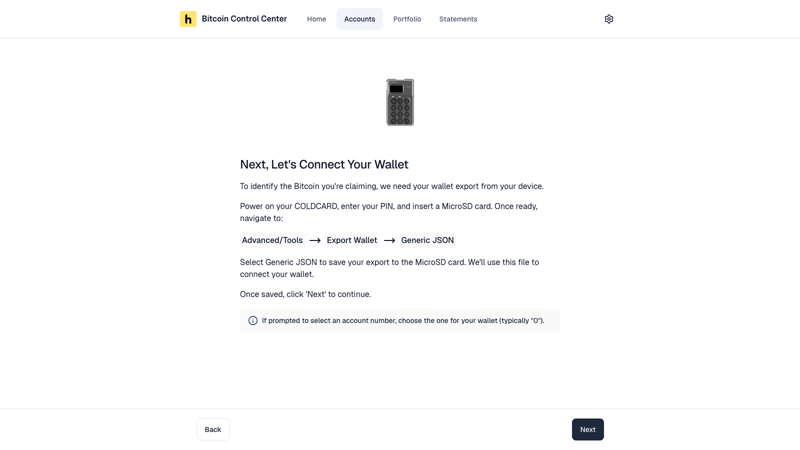 COLDCARD export step showing Advanced/Tools, Export Wallet, Generic JSON